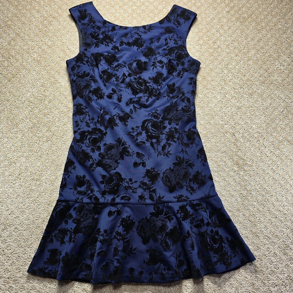 Vince Camuto Women's 14 Blue Black Flocked Floral Fit Flare Cocktail Dress